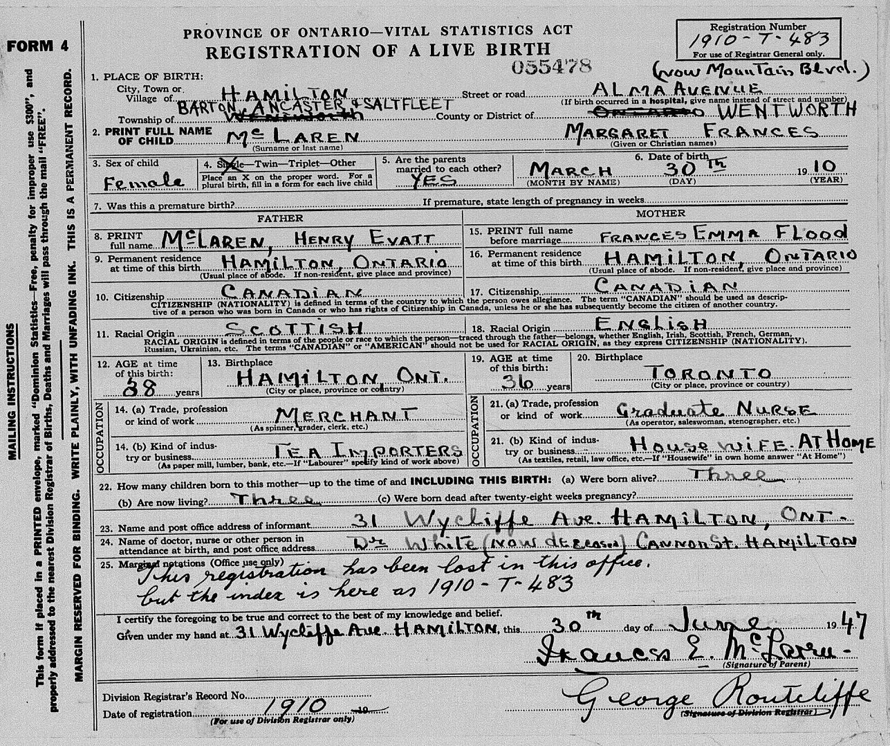 birth record - margaret frances mclaren 1910 in hamilton ontario.jpg