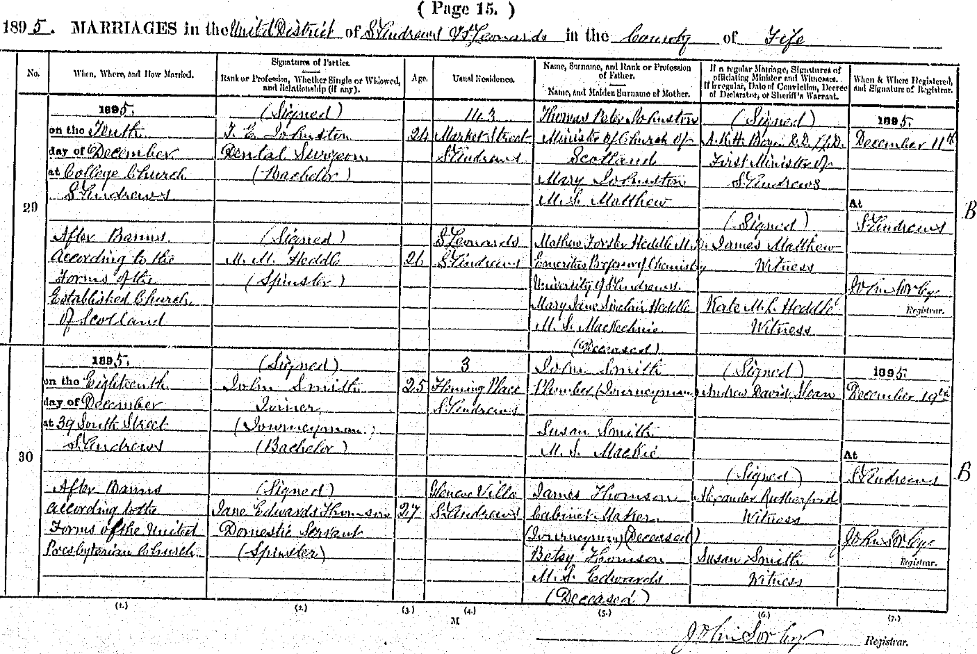 marriage record - T. Evans Johnston + Matilda Heddle 1895.PNG
