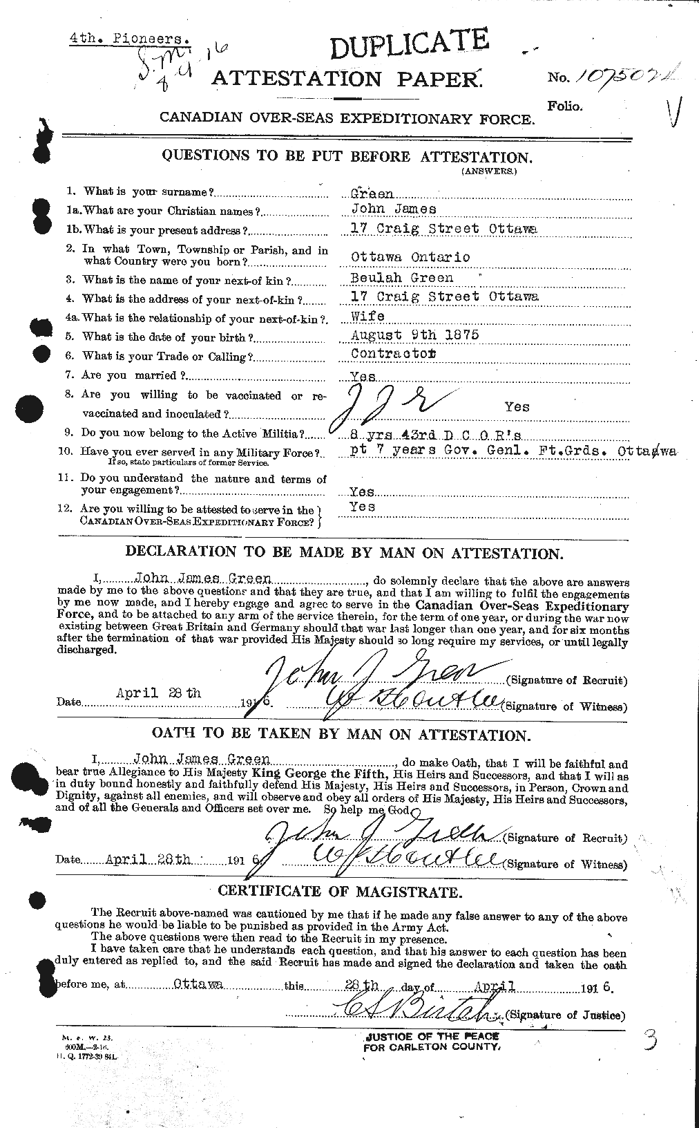 military record - john james green 1916 a.gif